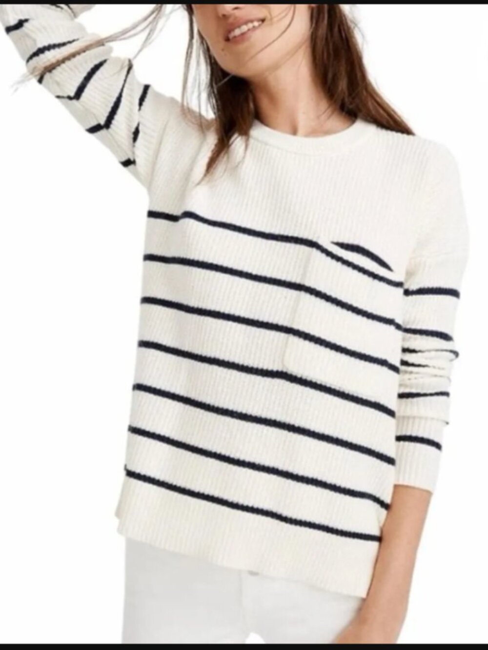 Madewell Thompson Cream Navy Striped Pocket Pullover Sweater Viscose Blend XS